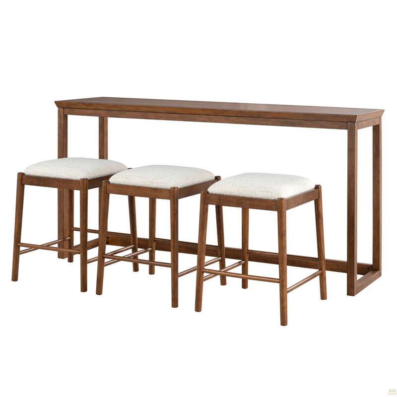 Table basse avec 3 tabourets de bar, tissu en cristal beige et strass, bois de peuplier, salon