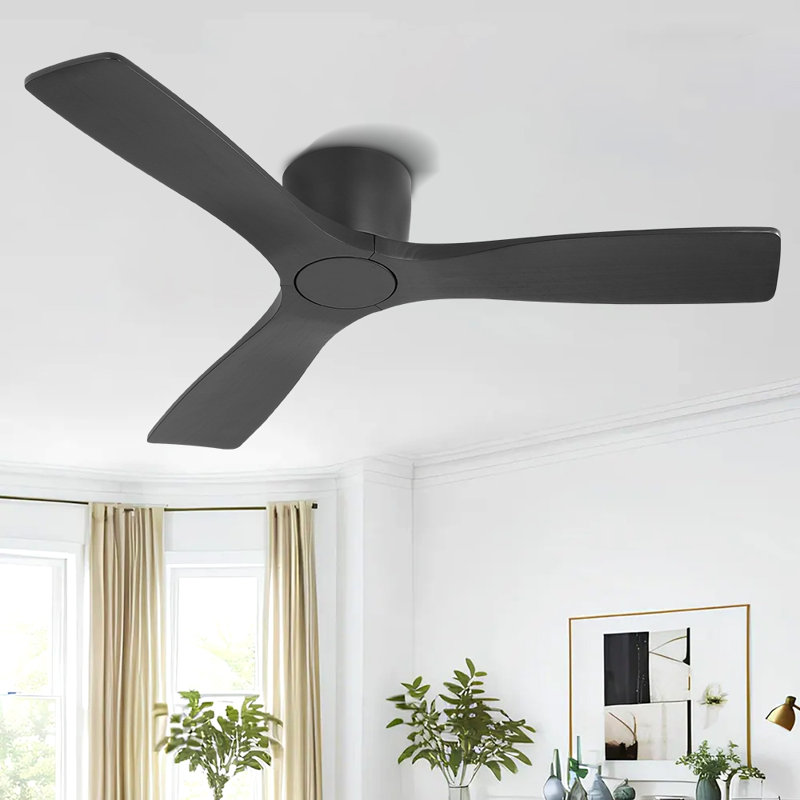 48 Inch 3 Carved Solid Wood Blades Flush Mount Ceiling Fan 6-Speed Noiseless Reversible DC Motor With Remote, Black, Black