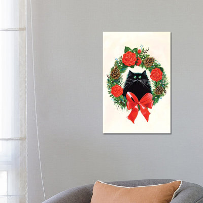 Black Cat in Rose Wreath 1 Piece Wall Art on Canvas