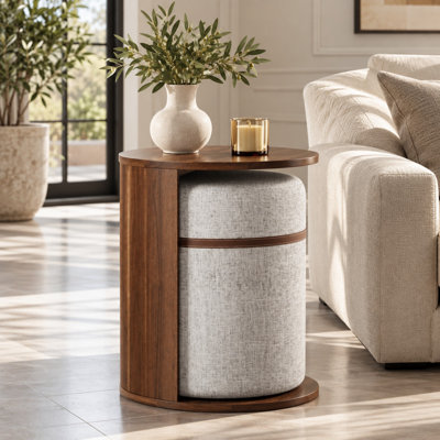 Round End Table with Pull-Out Upholstered Stool and Storage