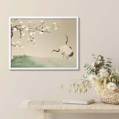 «Elegant Cranes and Blossoms in Traditional Traditional Style», affiche rustique encadrée