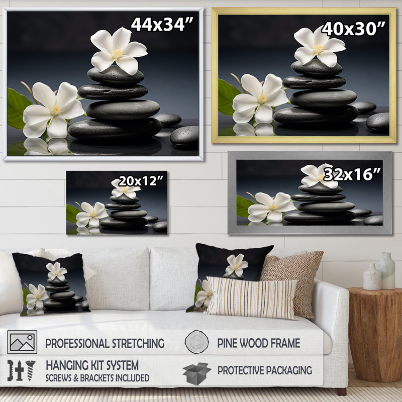 «Zen Black River Stone Blooming Magnolias», reproduction sur toile Lily, Cadre doré à une seule photo