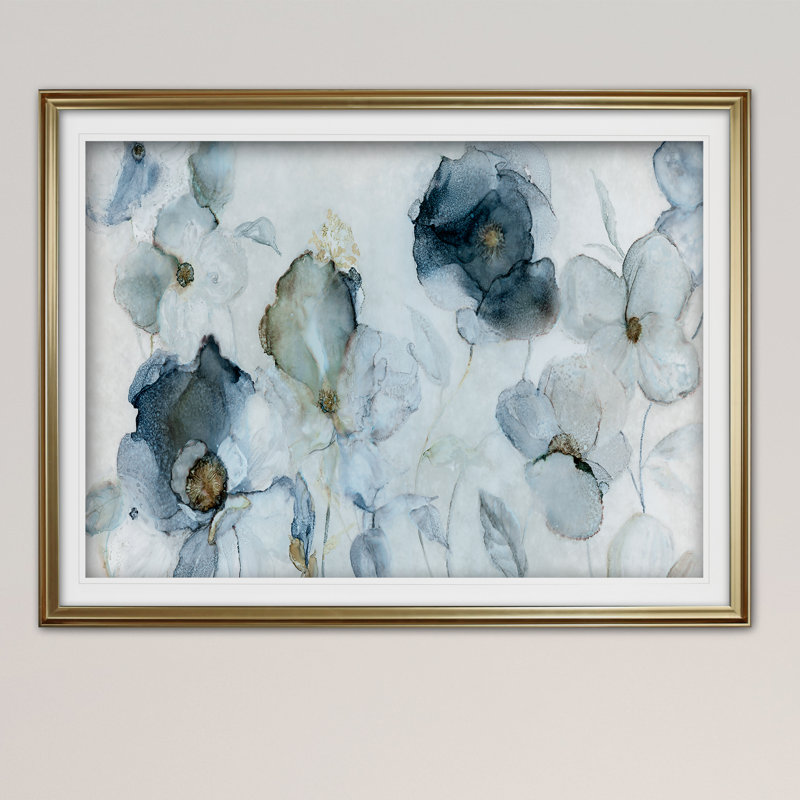 « fleuring indigo », reproduction de peinture à l’acrylique encadrée, H 28 po x l 38 po x P 1,5 po, Or