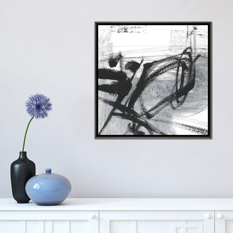 " Scribble Script I " by Ethan Harper, 18" H x 18" W x 1.5" D, Dark Gray Framed Canvas, No Mat