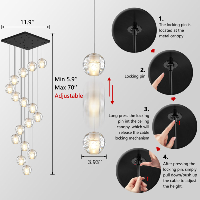 16 Lights Glam Crystal Chandelier Long Light, Matte Black