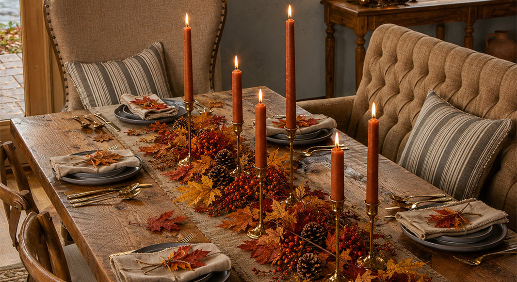 Rustic dining table set for autumn with a centerpiece of fall leaves, berries, pinecones, and lit taper candles, featuring linen napkins and gold silverware.