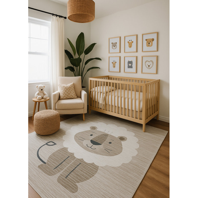 Rug Branch Leo 4' x 6' (3'11" x 5'10") Beige/Grey Lion Kids Area Rug, Contemporary, Medium Pile, Stain-Resistant Carpet - Playroom, Nursery, Toy Room and Bedroom
