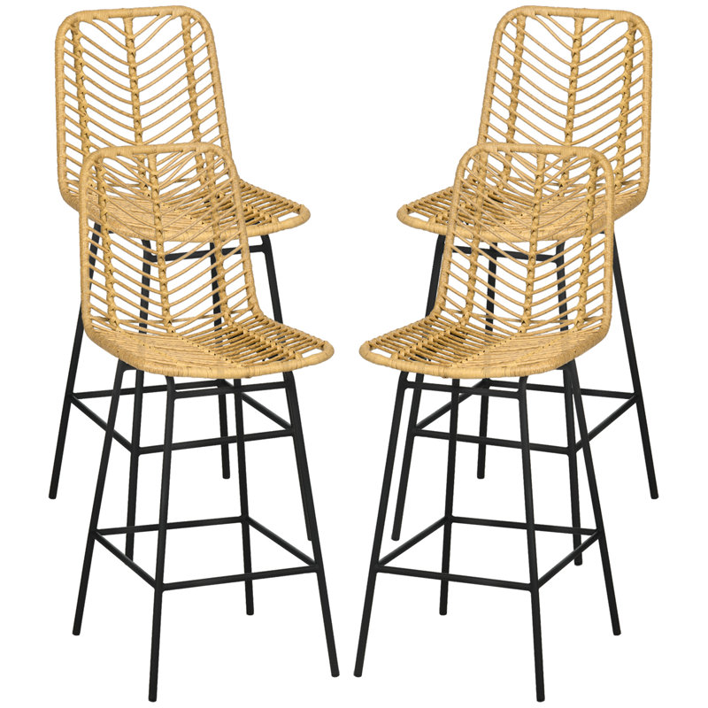 Rattan Bar Stools Set Of 4, 26" Counter Height Barstools, Boho Kitchen Island Stools With Breathable Wicker Seat And Back