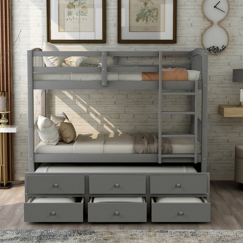 Lit simple superposé avec échelle, barrière de sécurité, Gris