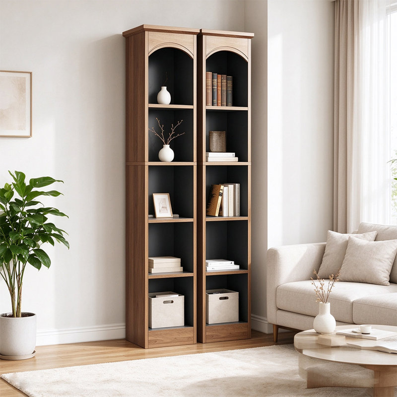 2 Pack 5-Tier Open Bookshelf with Cube Storage,Freestanding Narrow Shelving Unit for Home Office, brown
