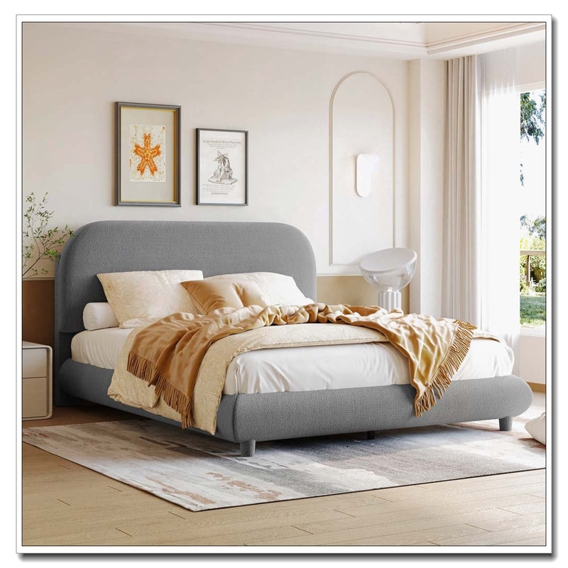 Lit plateforme tapissier Teddy, Gris, Lit double