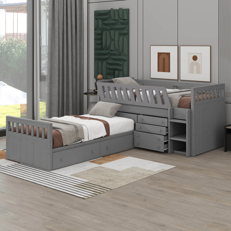 L-Shaped Space-Saving Twin Loft And Twin Platform Bed With 7 Drawers And Guardrails, Grey
