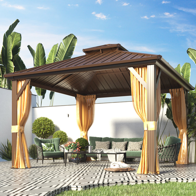 Erommy 12' x 12' Brown Aluminum Frame Gazebo with Curtains and Netting