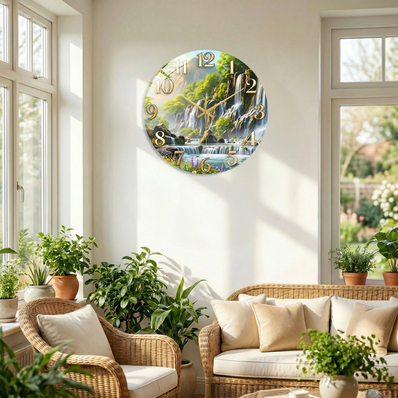"Mountain Stream", horloge murale en verre, 60 x 60 cm (23,6 x 23,6 pouces)