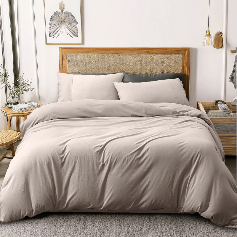 HOME BEDDING Jersey Cotton Duvet Cover Set, Cream Gray, King Duvet Cover + 2 King Shams