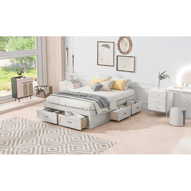 Lit plateforme avec 6 tiroirs de rangement, Blanc antique, Double