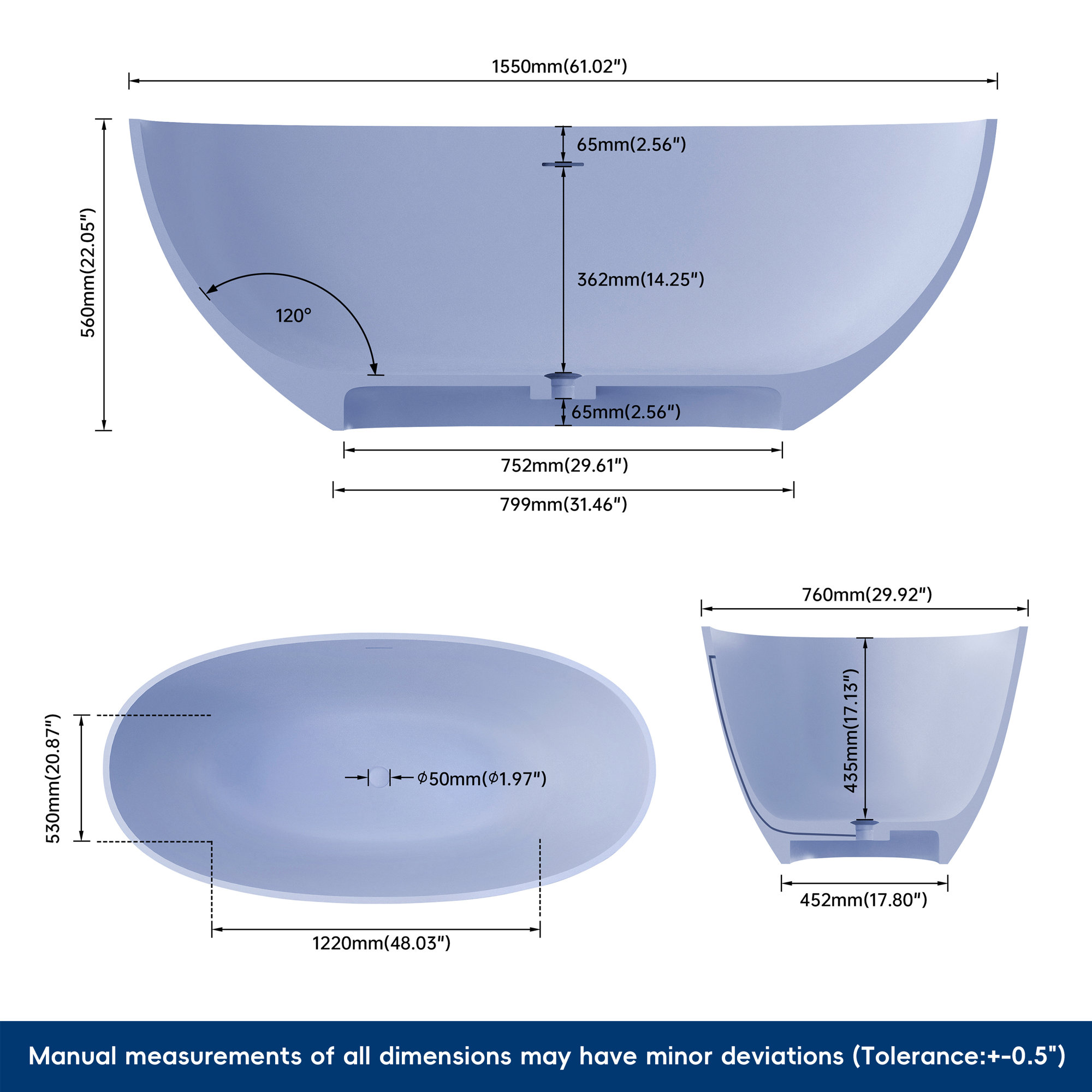 Forma 61'' Freestanding Tub Solid Surface Stone Resin Free Standing Soaking Bathtub, Blue