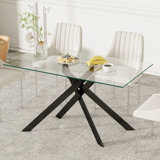 Carlinda Glass Dining Table for 4-6 People, Rectangular Kitchen Table with Cross Metal Legs, Modern Dining Table for Small Spaces