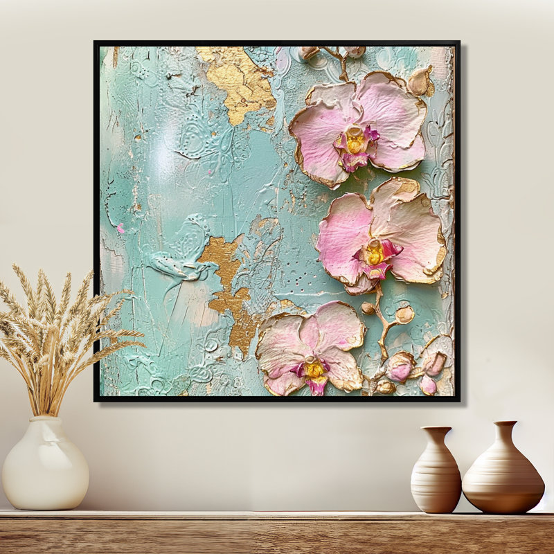 Pink Orchid Flowers On Vintage Blue Wall - Orchid Wall Art Living Room, Black Floater Frame,Solid Wood, 16"H x 16"W