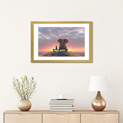 «Elephant and Dog Watch the Sunrise on the Seashore» par Mike Kyiv - reproduction d'art