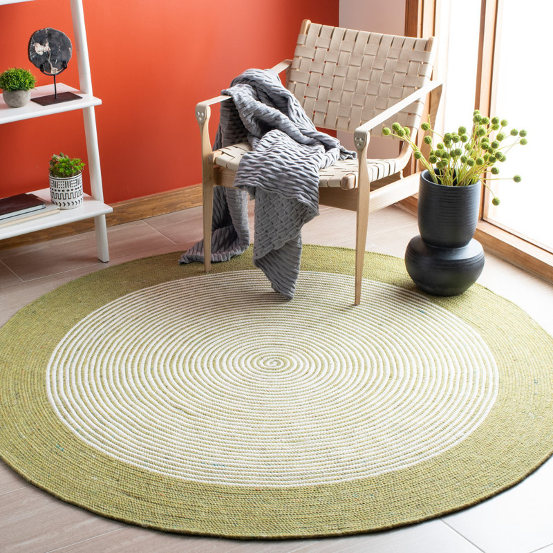 Tapis en laine / coton tissé à la main Mcclure en ivoire / vert, Rond 5 pi