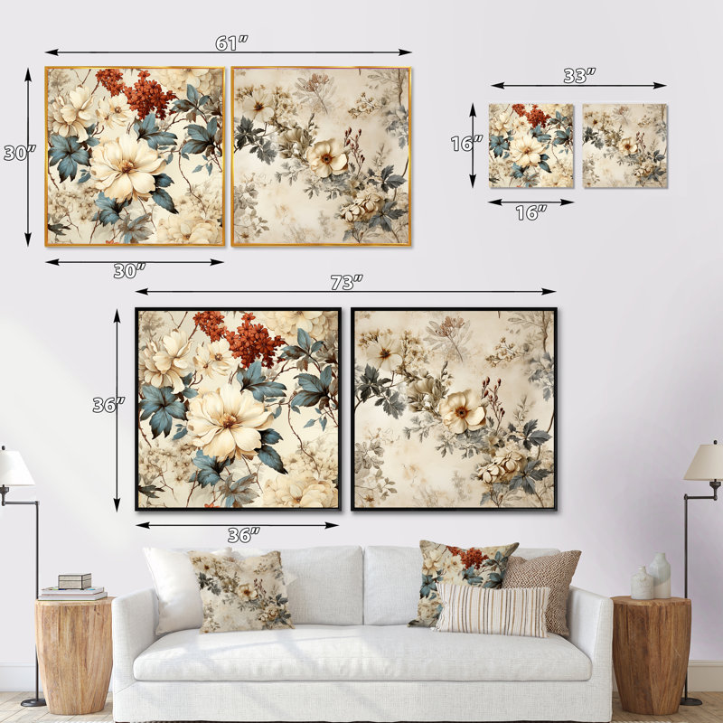 Ensemble de 2 bricoles rétro vintage à motif floral campagnard beige, Cadre flottant brun, H 30 po x l 61 po