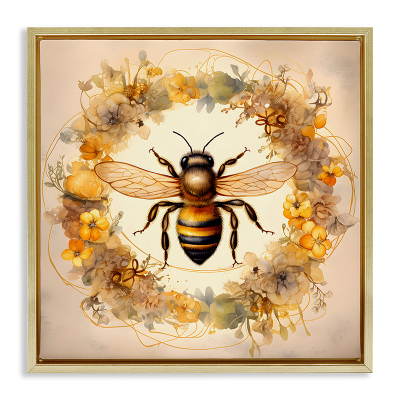 «Country Bee Wreath», art mural encadré noir sur toile flottante par Petal Prints Design, Cadre flottant métallique doré