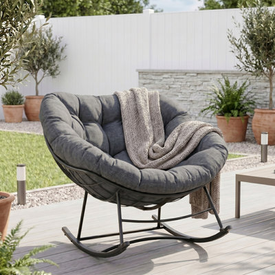 Outdoor Rocking Chair with Cushion, Oversized Papasan Rocking Chair, Heavy Duty Lounge Rocking Chair
