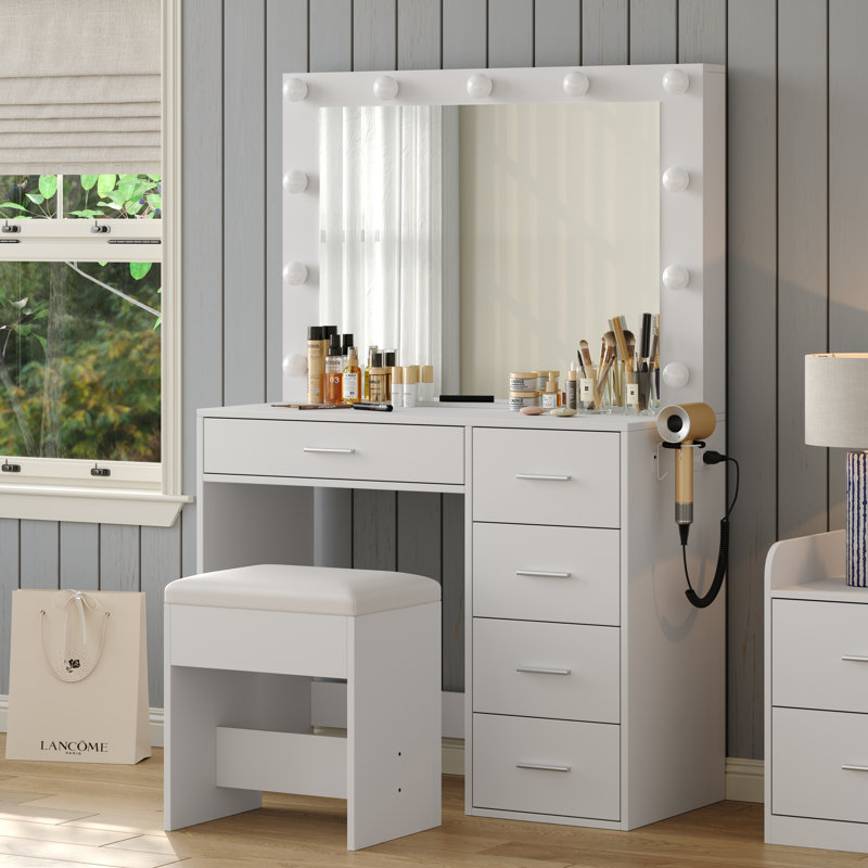 Dressing Table With Mirror And LED Lights, Power Outlet And USB, 3 Ligshting Modes, 5 Drawers, Stool, White