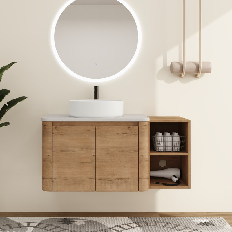 Ensemble de meuble-lavabo simple mural 42 po avec lavabo en céramique et tablettes de rangement Greythor, ensemble de meuble-lavabo simple avec plateau en pierre reconstituée