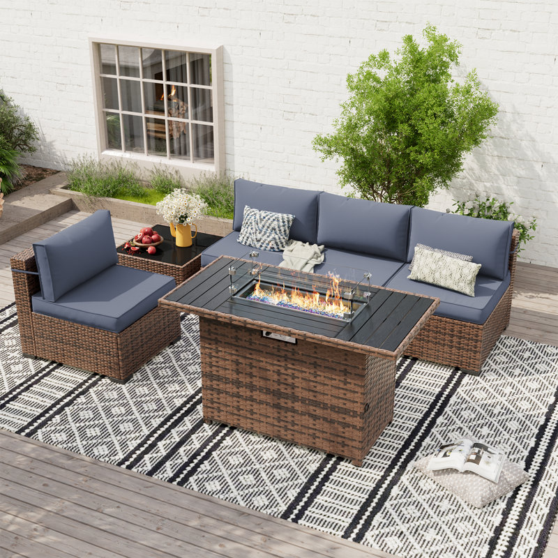 Rikuto 4-Person Conversation Sets With Supportive Back Cushions, Fire Pit Table, Coffee Table, Gray