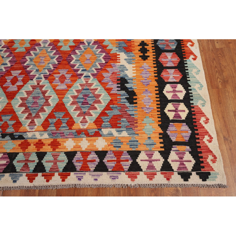 Tapis kilim orange en laine à tissage plat 8 x 11