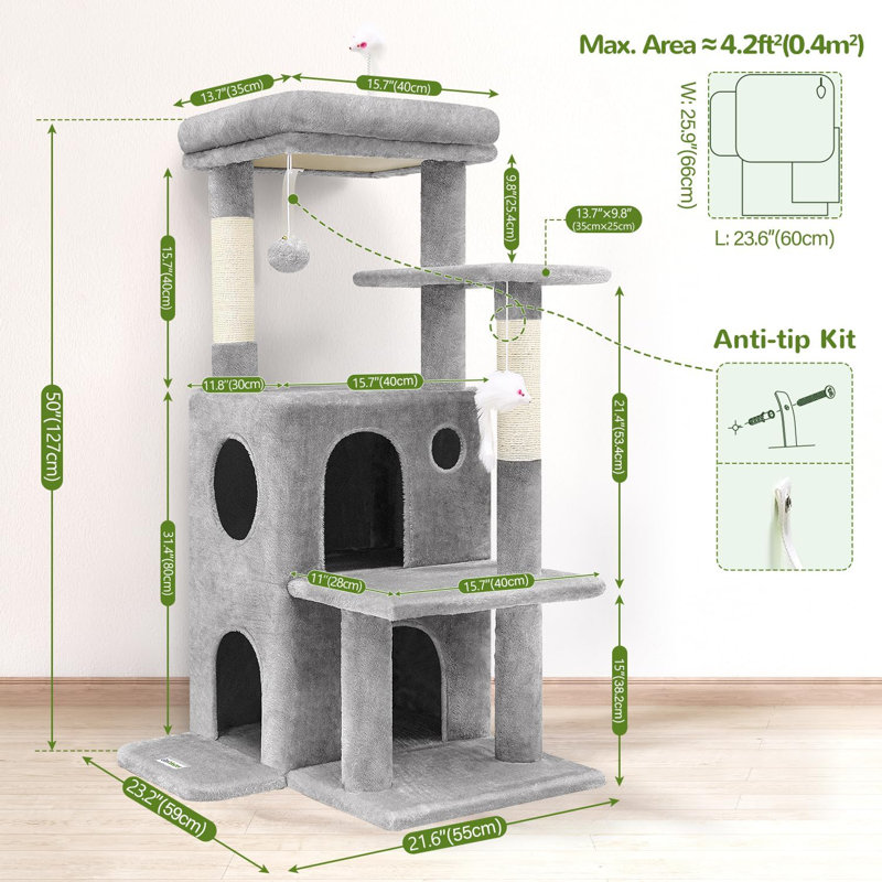 Tour à chat pour chats d'intérieur, maisonnette pour chat adulte de 50 pouces avec marches, Gris clair