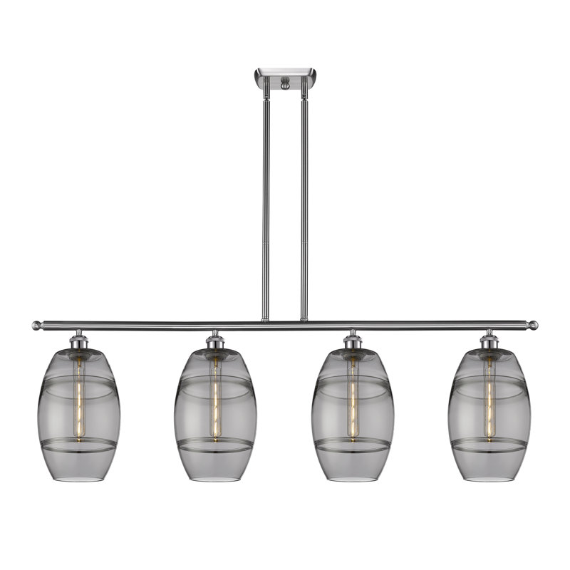 Luminaire suspendu rond / ovale pour îlot de cuisine à 4 lumières Dundrod, Nickel satiné brossé, Gris fumée clair
