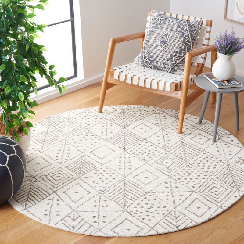 Anaira Hand Tufted Wool/Cotton Geometric Rug in Ivory/Brown, Round 6'