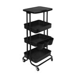 4 Tier Utility Cart Rolling Metal Organization Cart with Table Top & 3 Hanging Cups & Lockable Wheels, Multifunctional Storage Baskets for Kitchen Living Room Office