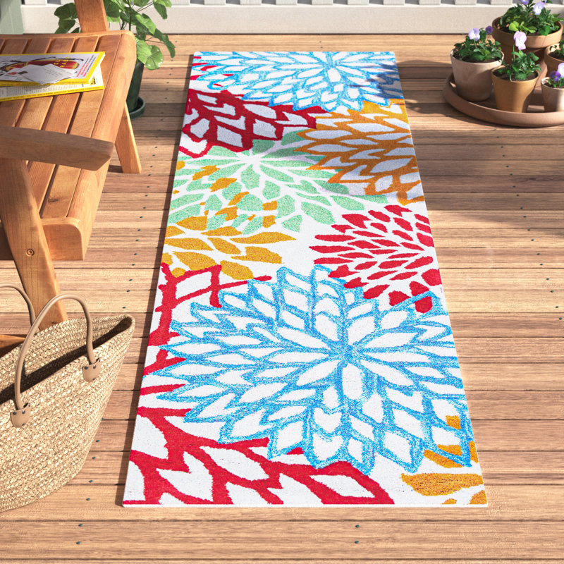 Strothers Floral Handmade Tufted Cotton/Wool Blue/Orange/Red Area Rug, Runner 2'3" x 8'