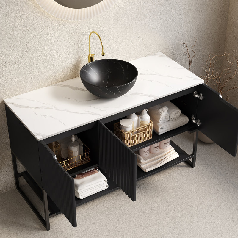 Meuble-lavabo de 48 po en pierre frittée blanc Carrara