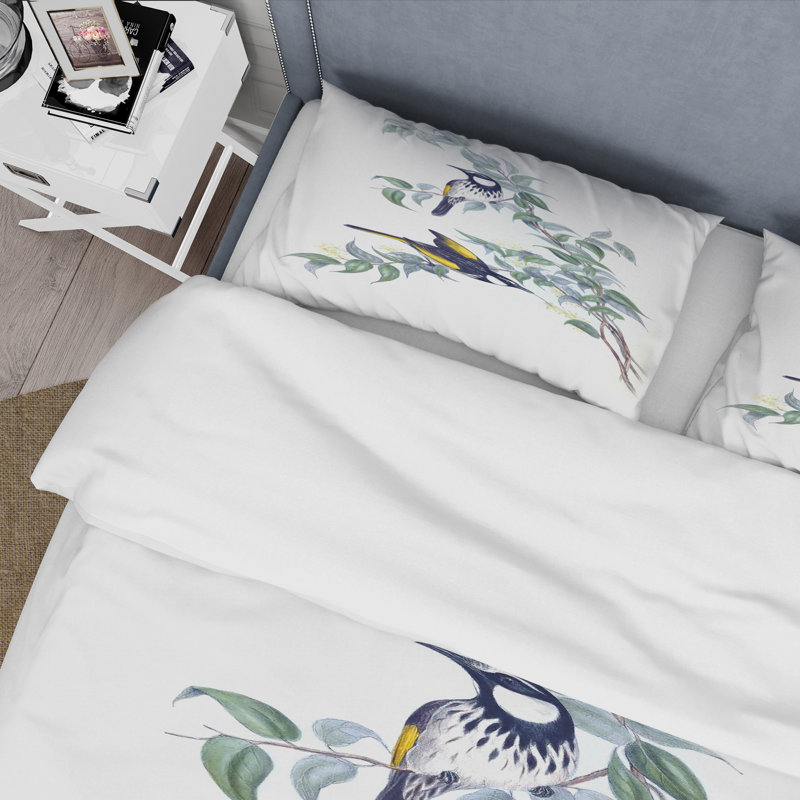 Oiseaux australiens rétro sur une branche - ensemble de housse de couette traditionnel - microfibre de polyester