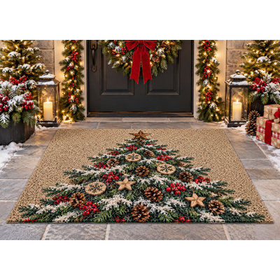 Tapis d'extérieur 152 x 213 cm (5 pi x 7 pi) rustique avec décorations en bois et sapin de Noël, en PVC épais et imperméable, à boucles, résistant et à séchage rapide, idéal pour terrasse, balcon ou entrée.