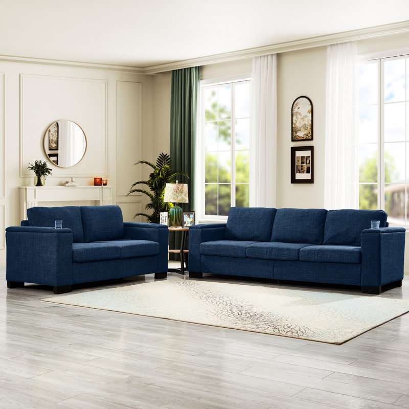 5 places moderne en tissu bleu, accoudoir carré avec porte-gobelet et rangement sous le siège, siège à ressorts spongieux confortable à haute densité rembourré 2 + 3 pour la maison, housses de coussin rembourrées amovibles
