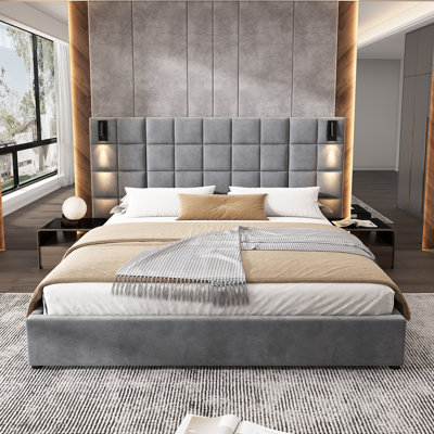 King Size Gray Velvet Upholstered Bed Frame - Wide Padded Headboard With Adjustable Wall Sconce & Usb Port, Wooden Support Bars & Legs