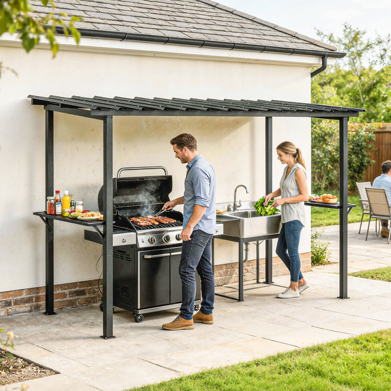 Abri de jardin à toit rigide 12 pi x 6 pi, abri de barbecue avec 2 tablettes latérales
