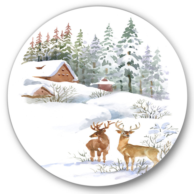 Hiver chalet avec deux cerfs, H 29 po x l 29 po x P 1 po