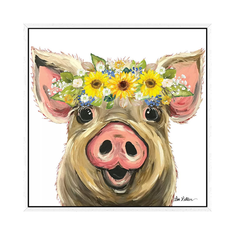 Posey The Pig With Sunflower Flower Crown - Painting on Canvas, 66.04cm H x 66.04cm W x 3.81cm D, White Framed