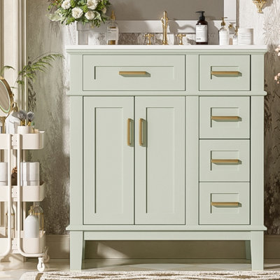 30" Bathroom Vanity With Ceramic Sink, Modern Storage Cabinet With Soft-Close Doors, Deep Drawer & Standard Drawer, Stylish Bath Vanity For Small Bathrooms
