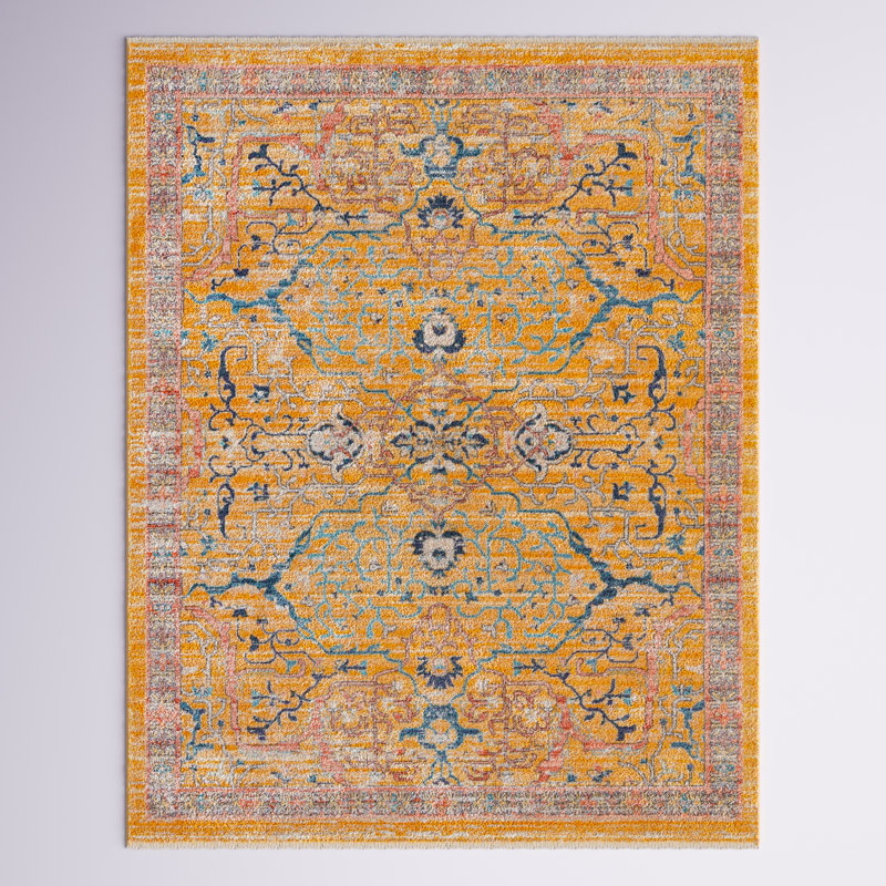 Tapis jaune / bleu / rouge Indigo, Rectangle 3 pi 11 po x 5 pi 11 po