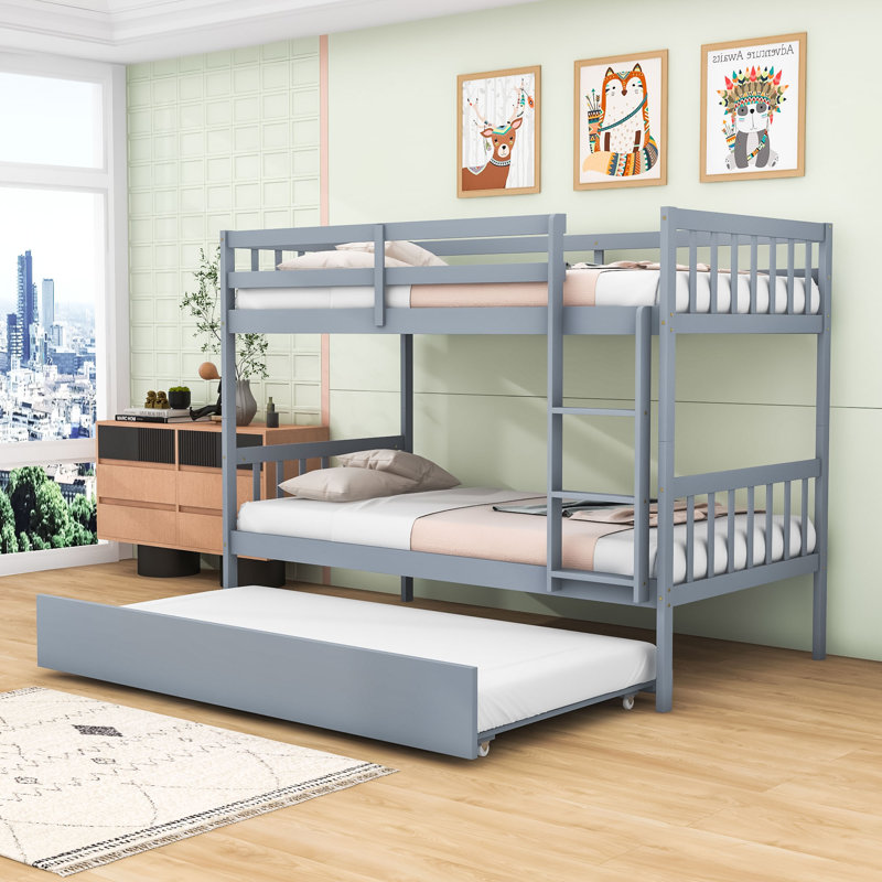 Davyan Twin Over Twin Wood Bunk Bed with Twin Trundle, Gray