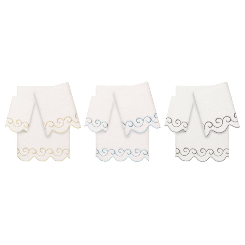  100% Turkish Cotton SIMPLICITY Scallop 3PC Embellished Towel Set, 3 Piece Towel Set, White/Beige
