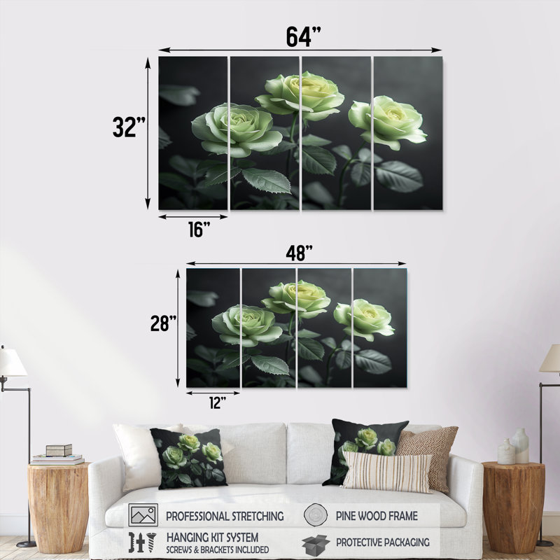 Nirvana blanc blanc et vert, ensemble d'art mural sur toile roses, H 32 po x l 64 po